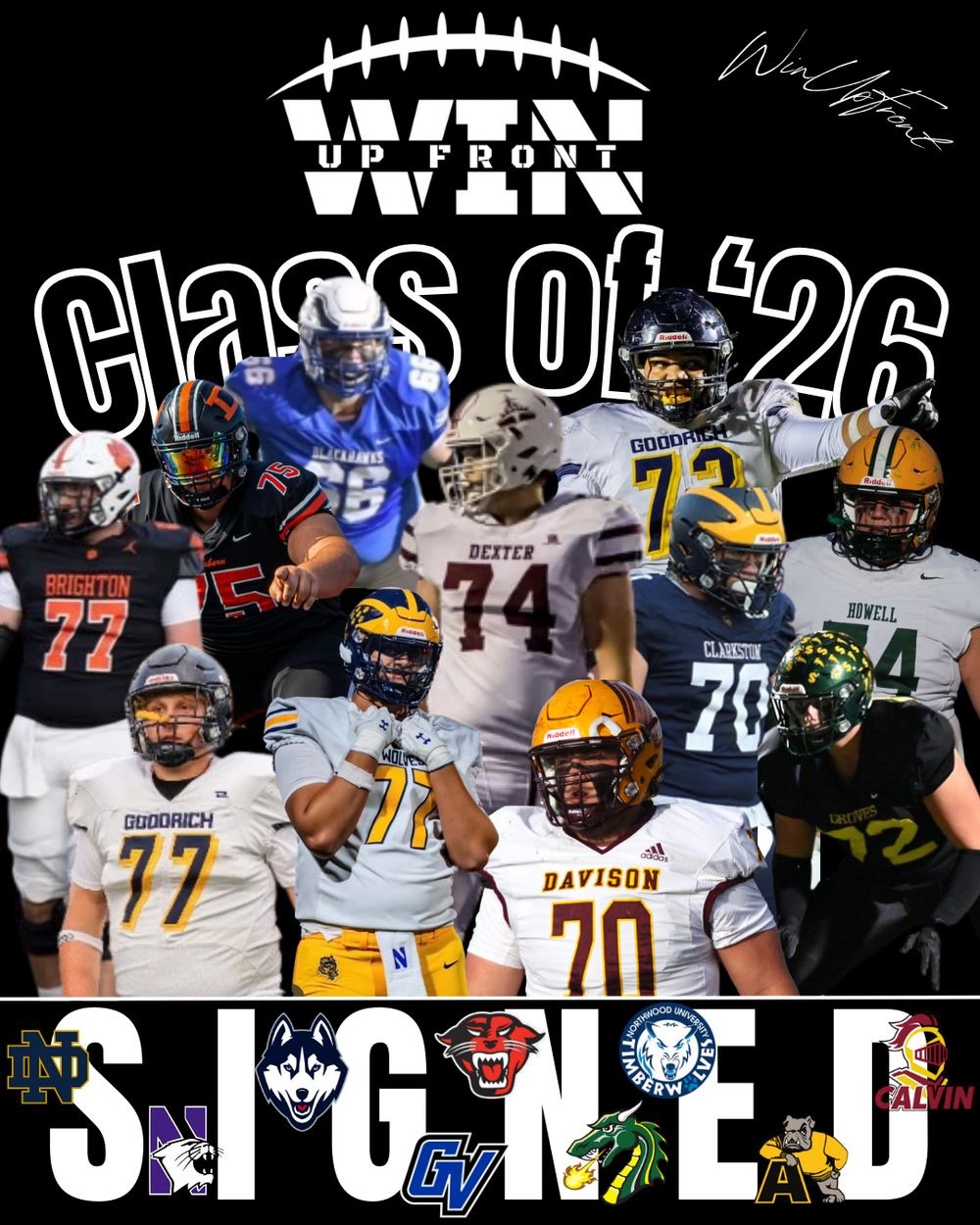 Win Up Front Class of 2026 signed athletes — Notre Dame, Northwestern, Grand Valley State, Northwood, Calvin and more